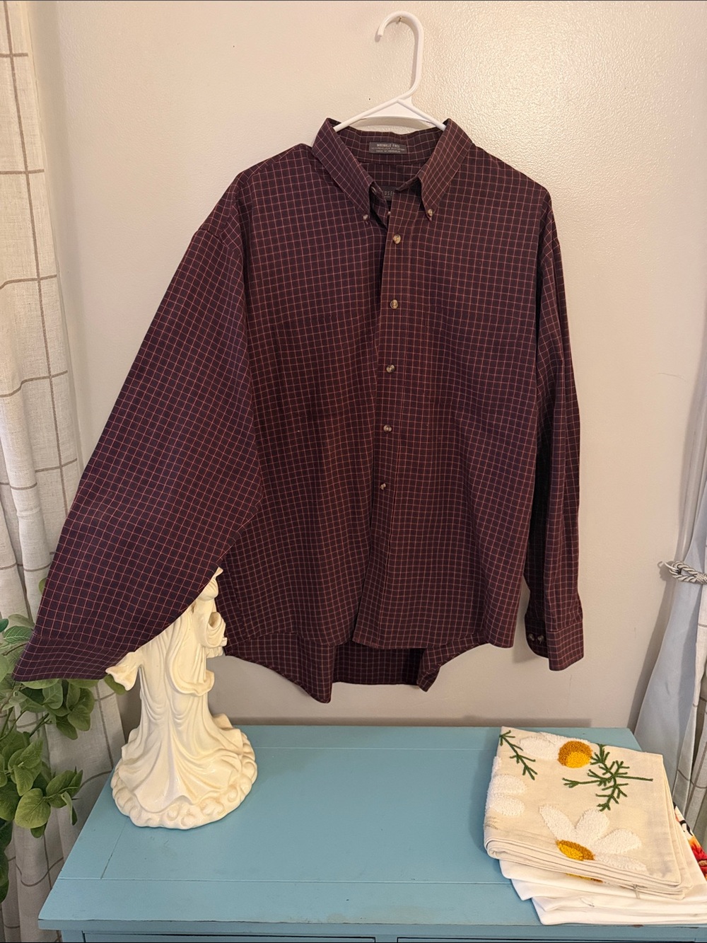 Van Heusen Men's Burgundy and Black Plaid Button-Down Shirt